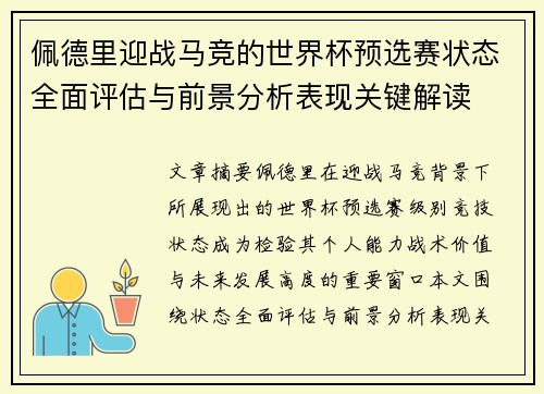 佩德里迎战马竞的世界杯预选赛状态全面评估与前景分析表现关键解读